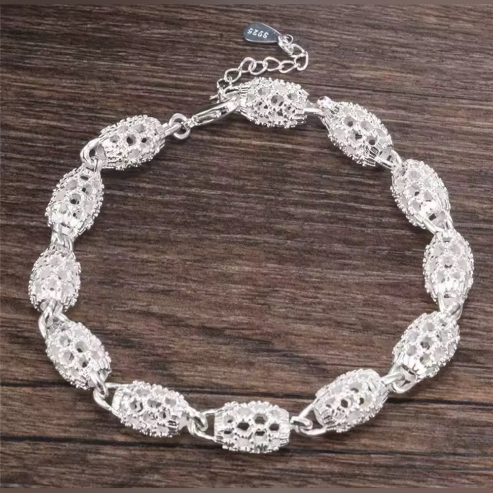 NIB S925 Sterling Silver Flower Beads Bracelet Hollow Ball Adjustable Chain - Picture 2 of 13